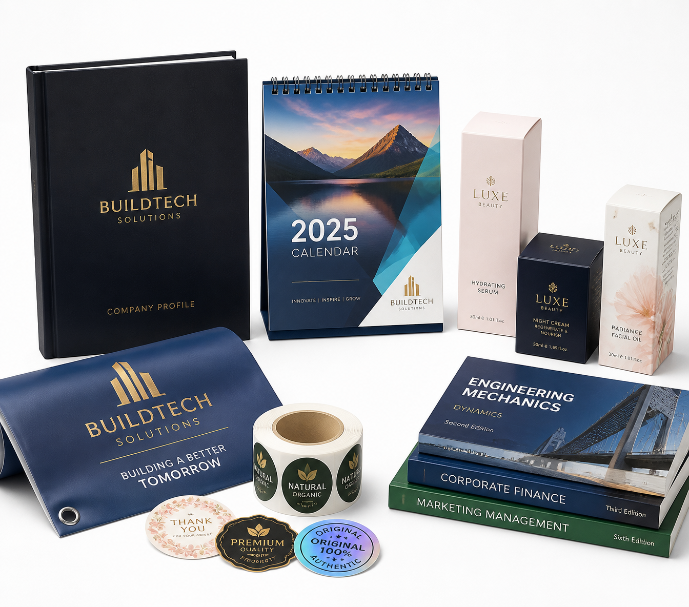 Produk percetakan B2B Jagocetak.id — buku, company profile, packaging, kalender, label, banner