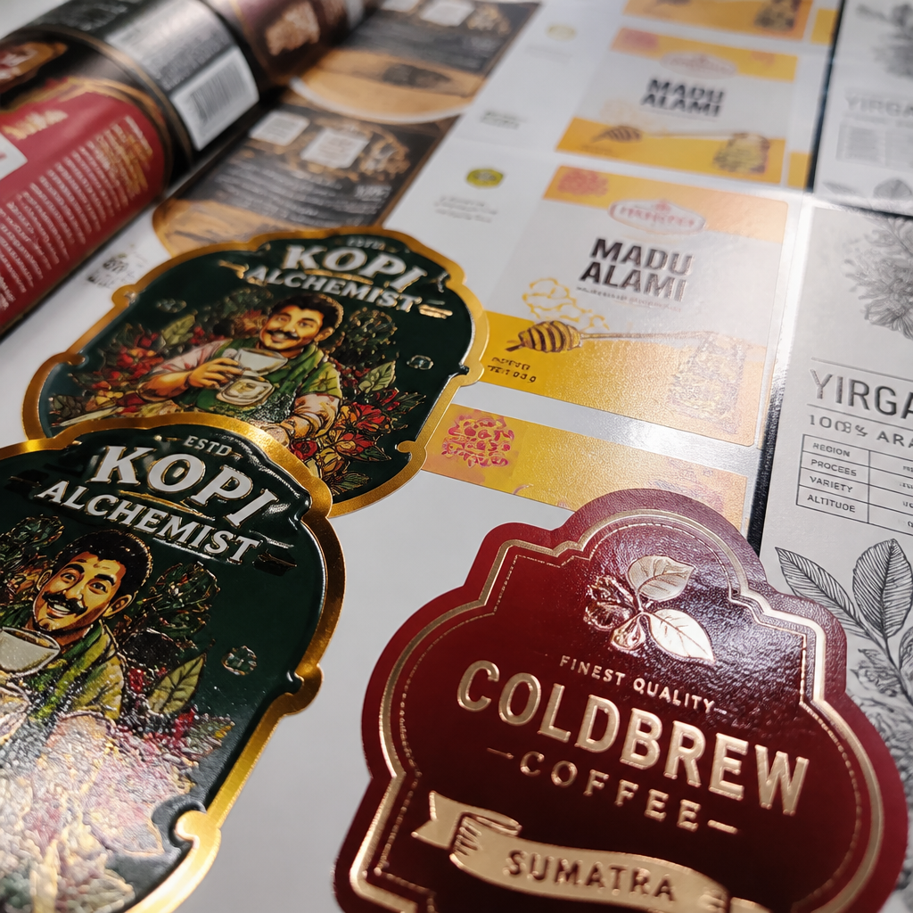 Hasil cetak stiker label produk berkualitas premium oleh Jagocetak Surabaya