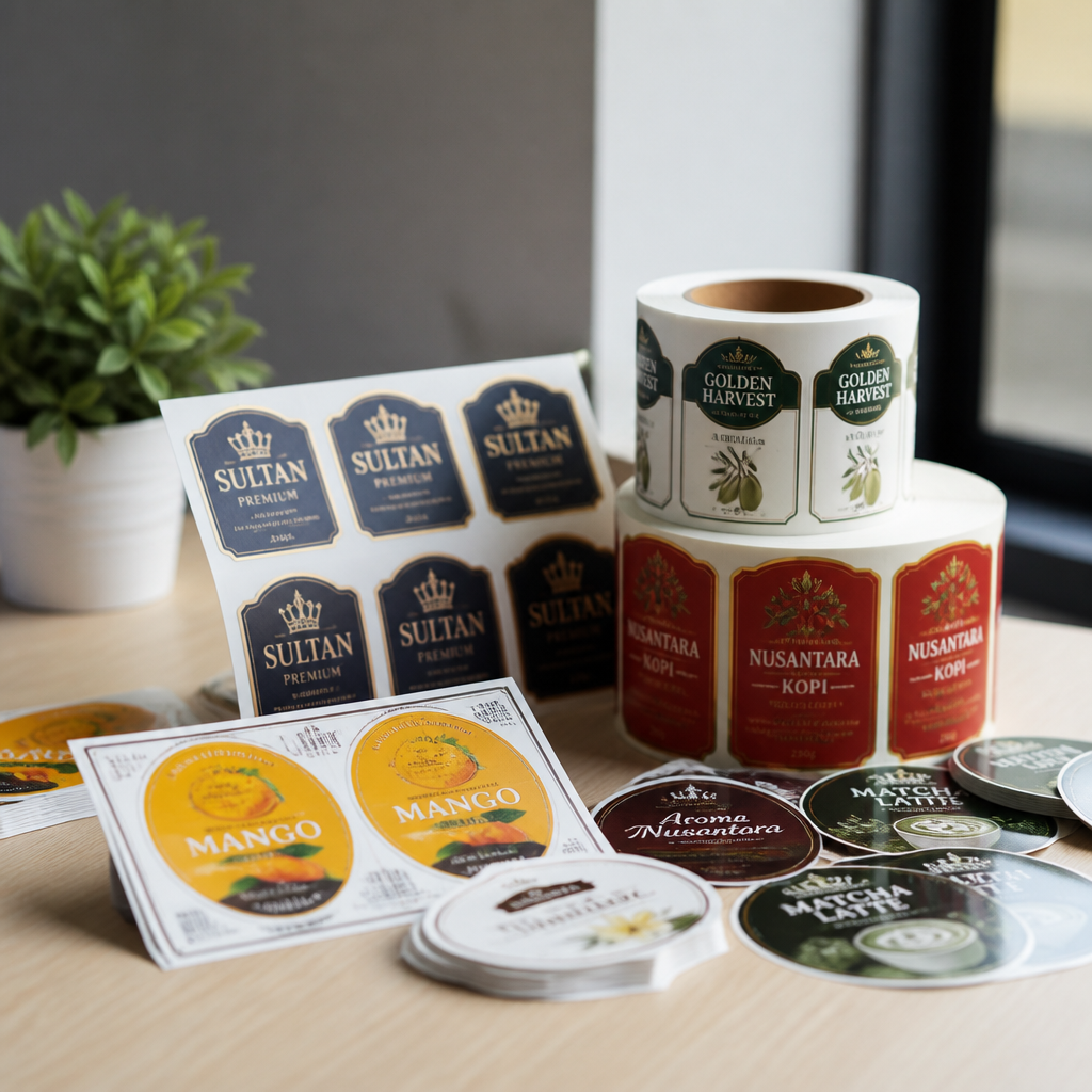 Hasil cetak stiker label produk berkualitas premium oleh Jagocetak Surabaya