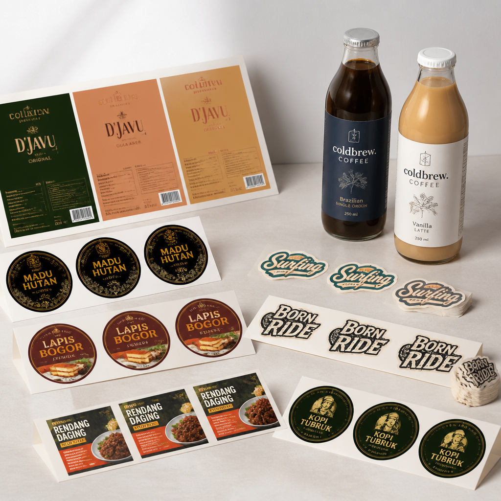 Hasil cetak stiker label produk berkualitas premium oleh Jagocetak Surabaya